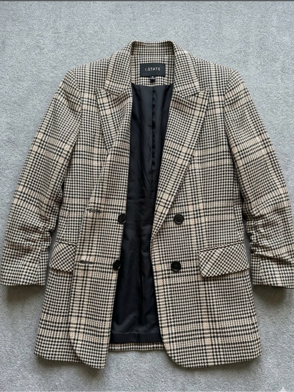 I. State Plaid Double Breasted Blazer XS Ruched Sleeve Career Chic - Picture 3 of 10